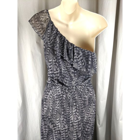 Anthropologie Sweet Pea Gray Maxi Dress M feather print one shoulder ruffles - Picture 4 of 5